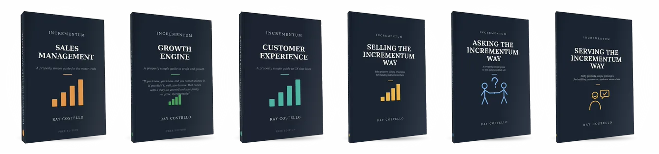 Six Incrementum business book covers: Incrementum Sales Management, Incrementum Growth Engine, Incrementum Customer Experience, Selling the Incrementum Way, Asking the Incrementum Way and Serving the Incrementum Way
